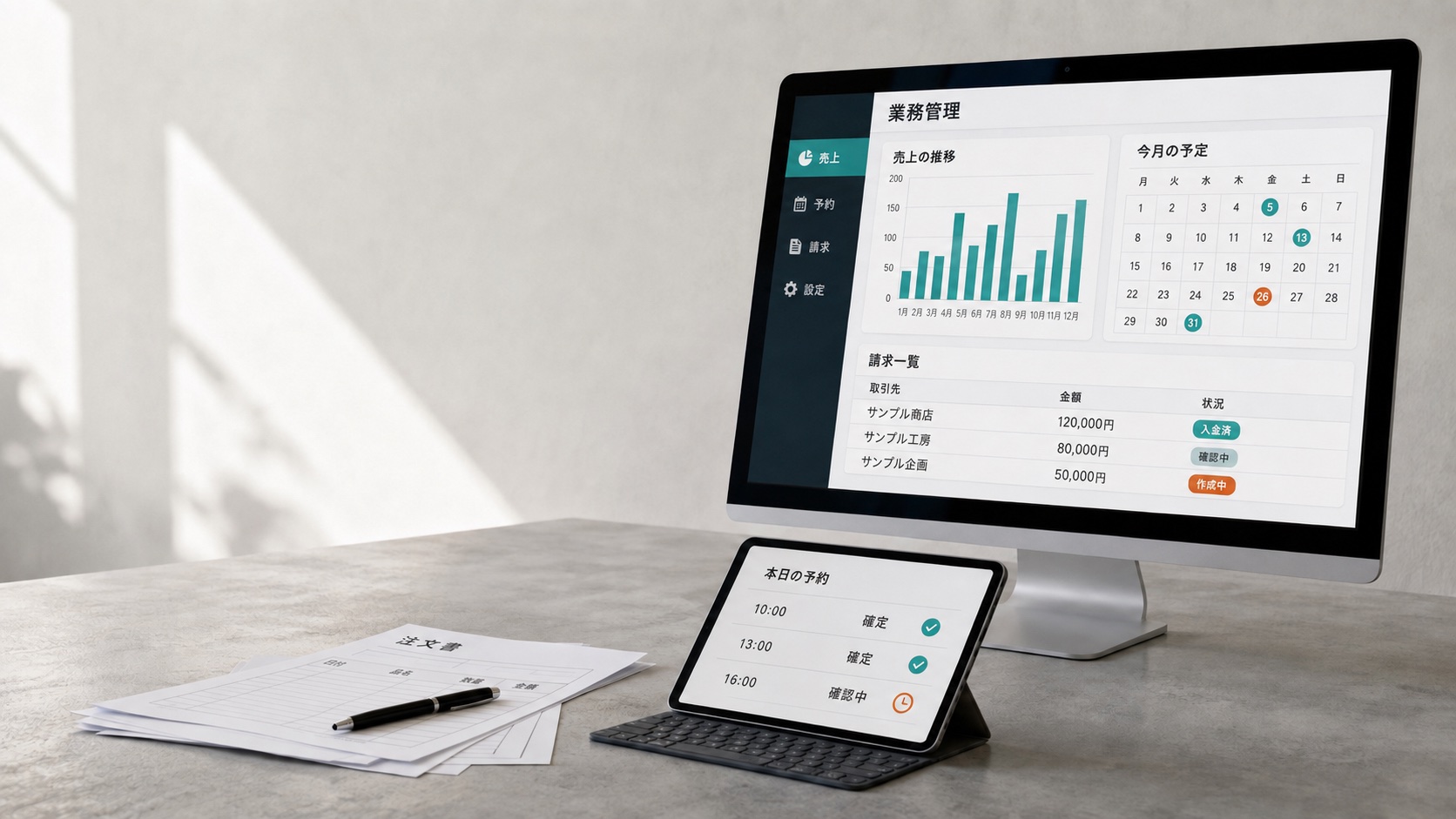業務管理画面を表示したモニターとタブレットのイメージ